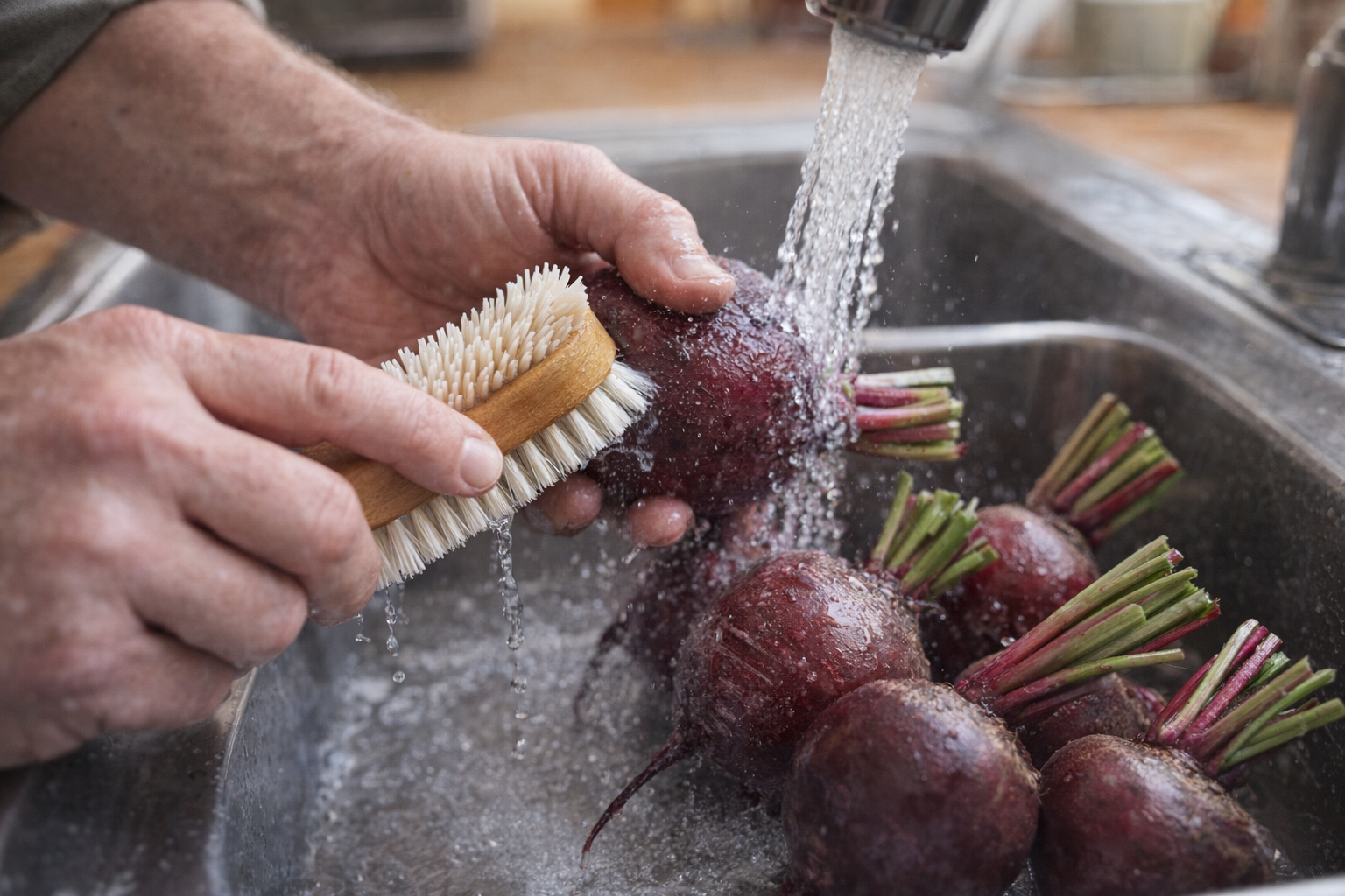 Close-up shot of raw beets being scrubbed clean under running water, a vegetable brush in hand. The beets are various shades of red and purple, with freshly trimmed green stems.
